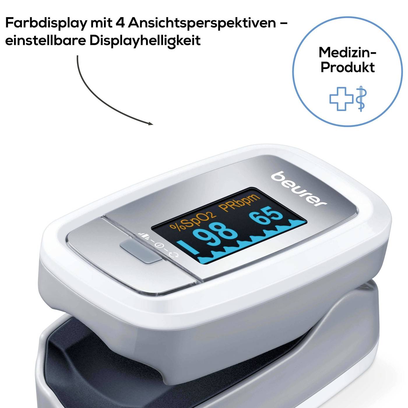 'Pulsoximeter mit Farbdisplay zeigt SpO2, PR bpm. Einstellbare Displayhelligkeit und fünf Messmodi.'
