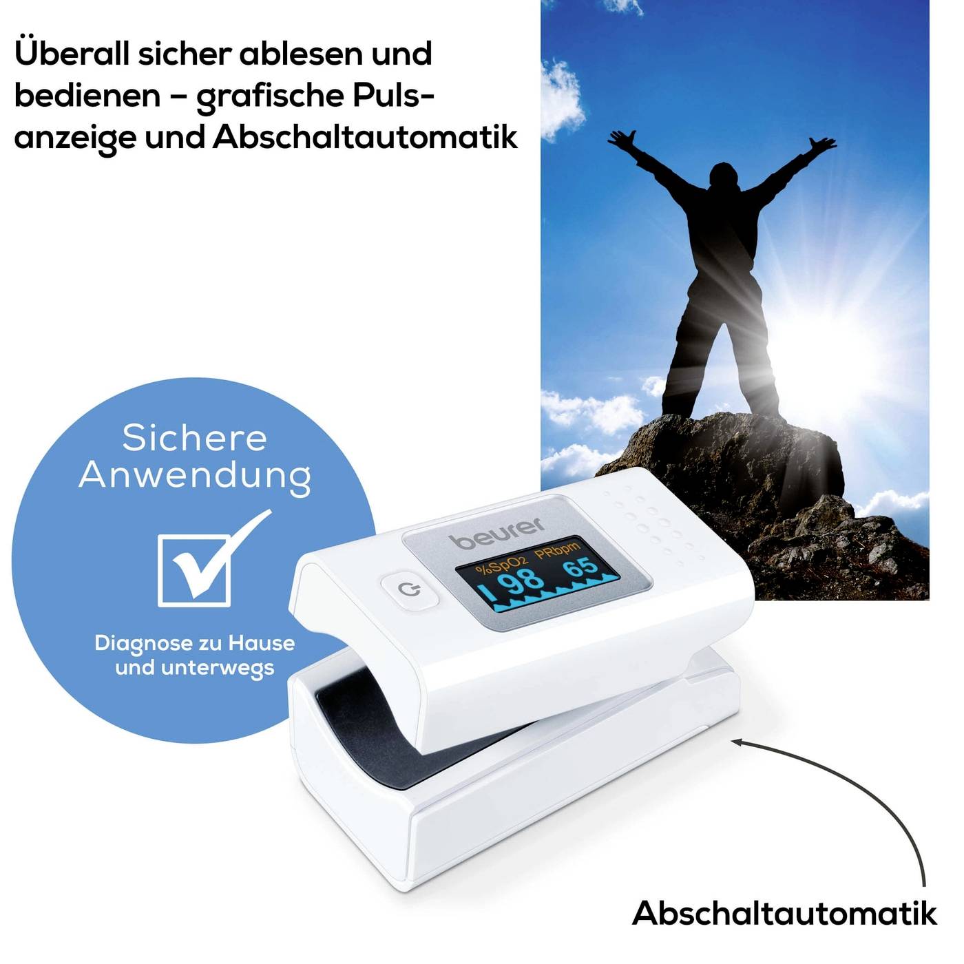 Ein Pulsoximeter mit Display zeigt '98%' Sauerstoffsättigung, daneben steht eine Person mit erhobenen Armen auf einem Felsen. Text: 'Überall sicher ablesen'.