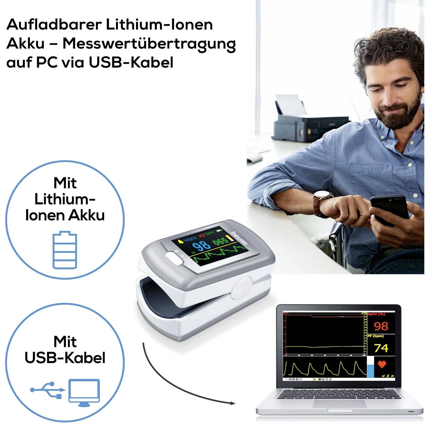 'Mann mit Laptop in einem Büro. Pulsoximeter am Finger misst Herzfrequenz und Sauerstoff. Verbindet sich über USB mit PC zum Laden und Datenübertragung.'