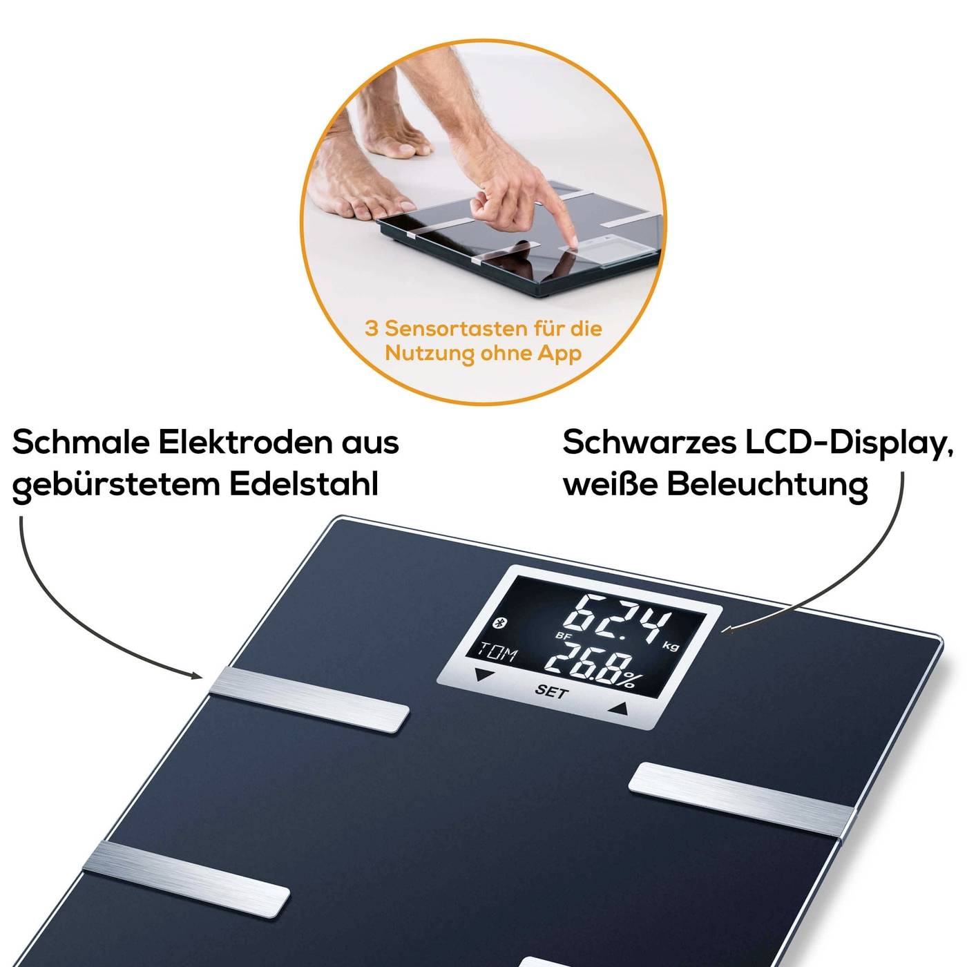 Schwarze Waage mit LCD-Display, weiße Beleuchtung. Zeigt Gewicht und verbindet via App. Smarte Touch-Tasten auf gebürstetem Edelstahl.