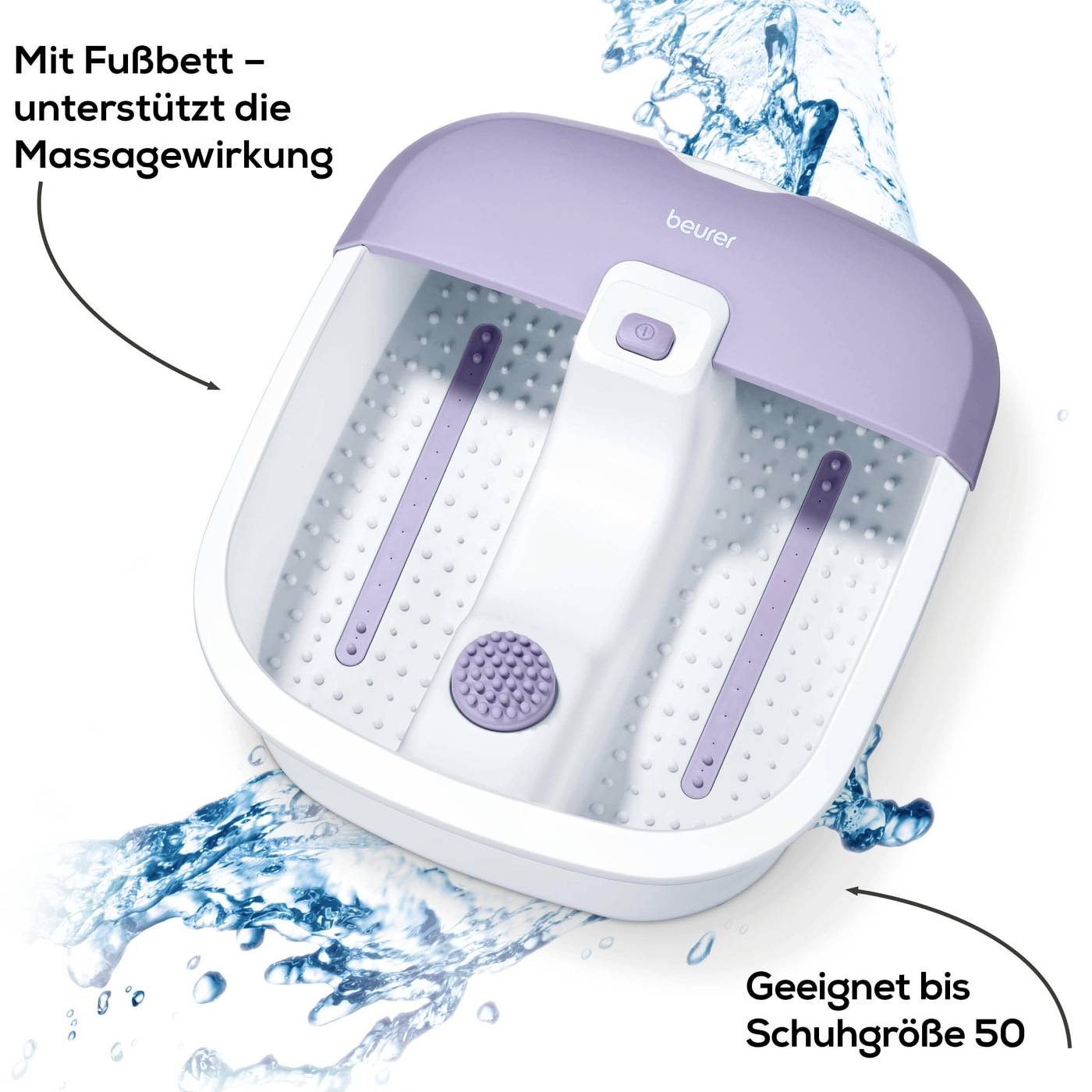 Ein Fußsprudelbad mit lila Abdeckung, geeignet bis Schuhgröße 50. Text zeigt Funktionen: Fußbett zur Unterstützung der Massagewirkung.