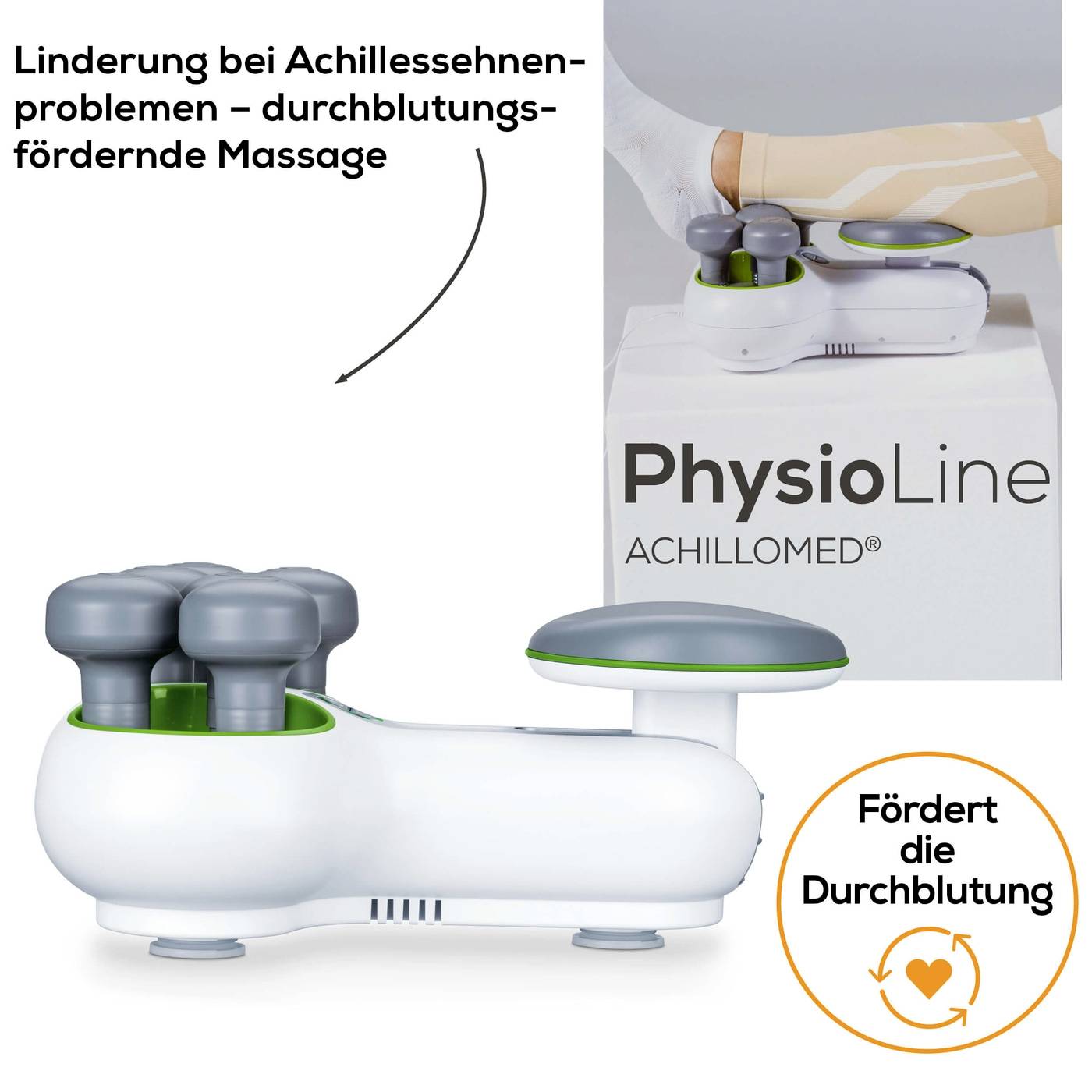 Das Bild zeigt ein Physiotherapie-Gerät namens ACHILLOMED zur Achilles-Sehnen-Massage, unterstützt die Durchblutung und lindert Schmerzen.