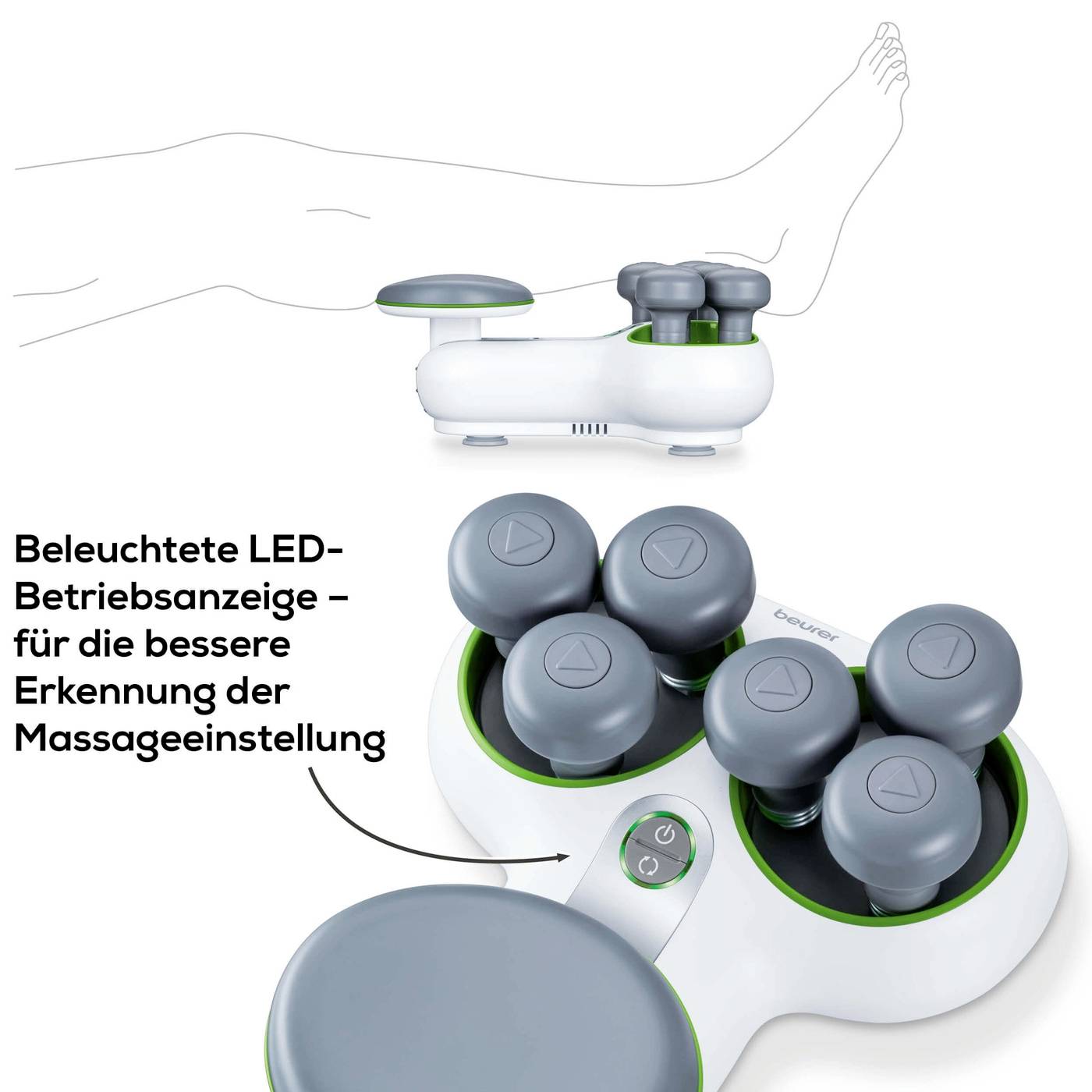 Massagegerät mit vier Massageköpfen. Zeigt beleuchtete LED-Betriebsanzeige für Massagestatus. Geeignet für Muskelentspannung.