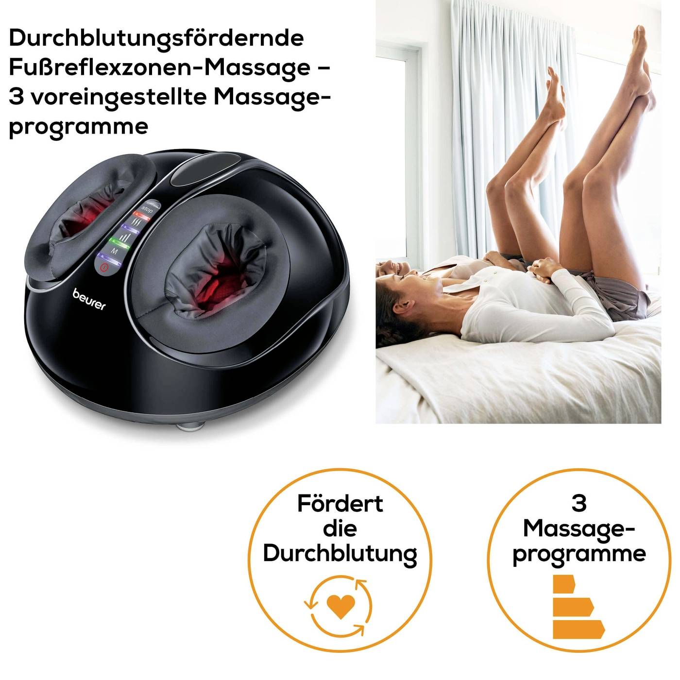 Fußmassagegerät mit drei voreingestellten Programmen zur Förderung der Durchblutung gezeigt mit jemandem, der es benutzt.