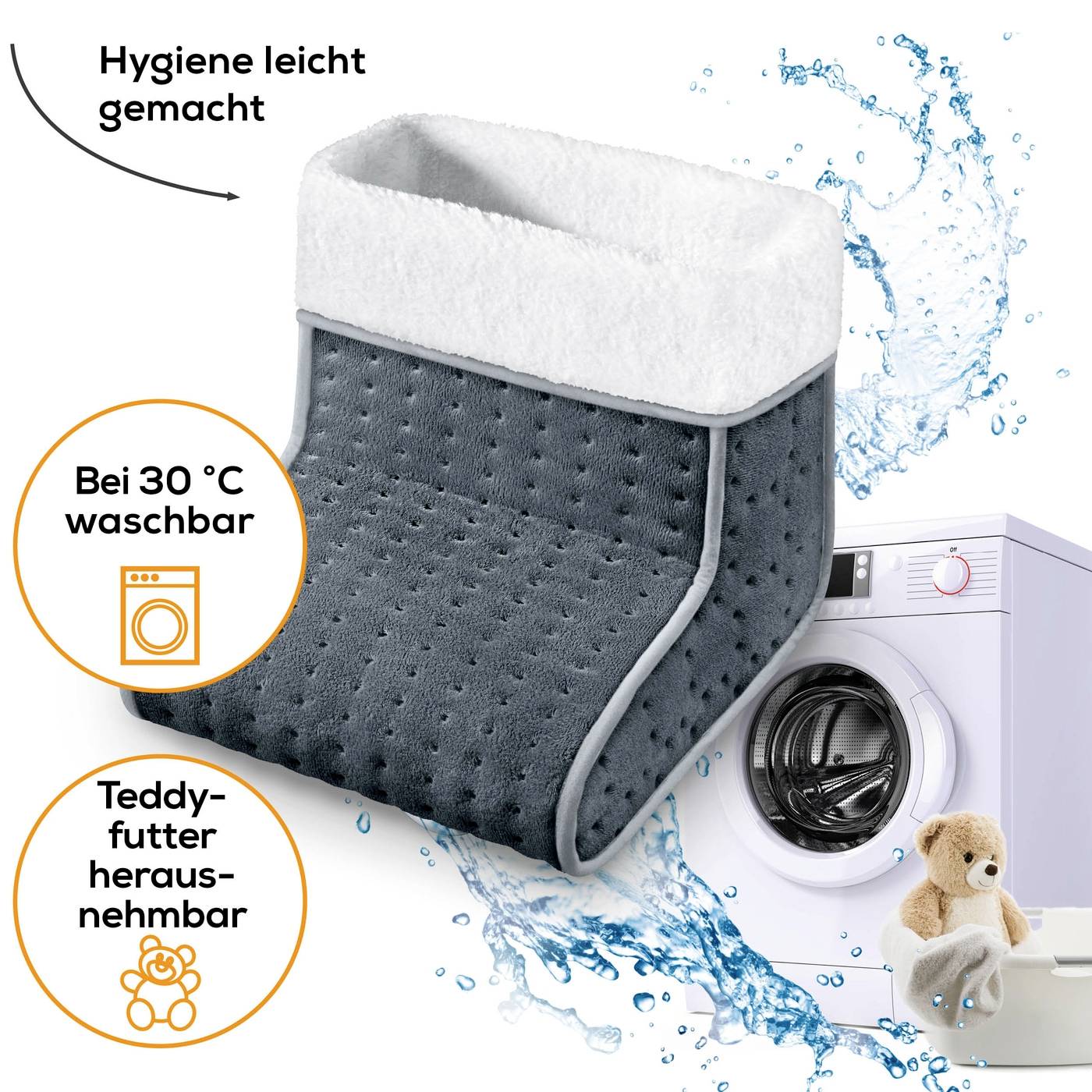 'Kuscheliger Korb neben einer Waschmaschine, in die blauer Spritzer eintauchen. Bei 30 Grad waschbar, herausnehmbares Teddynest.'