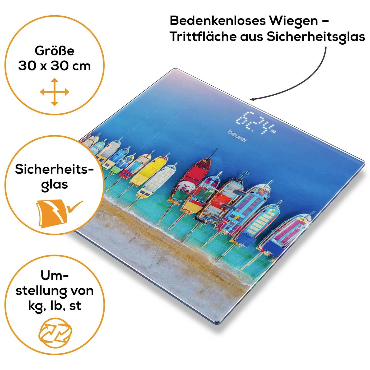 'Glaswaage mit buntem Strandmotiv, Größe 30x30 cm, Sicherheitsglas, umstellbar auf kg, lb, st, zeigt 0,2 kg Schritte.'