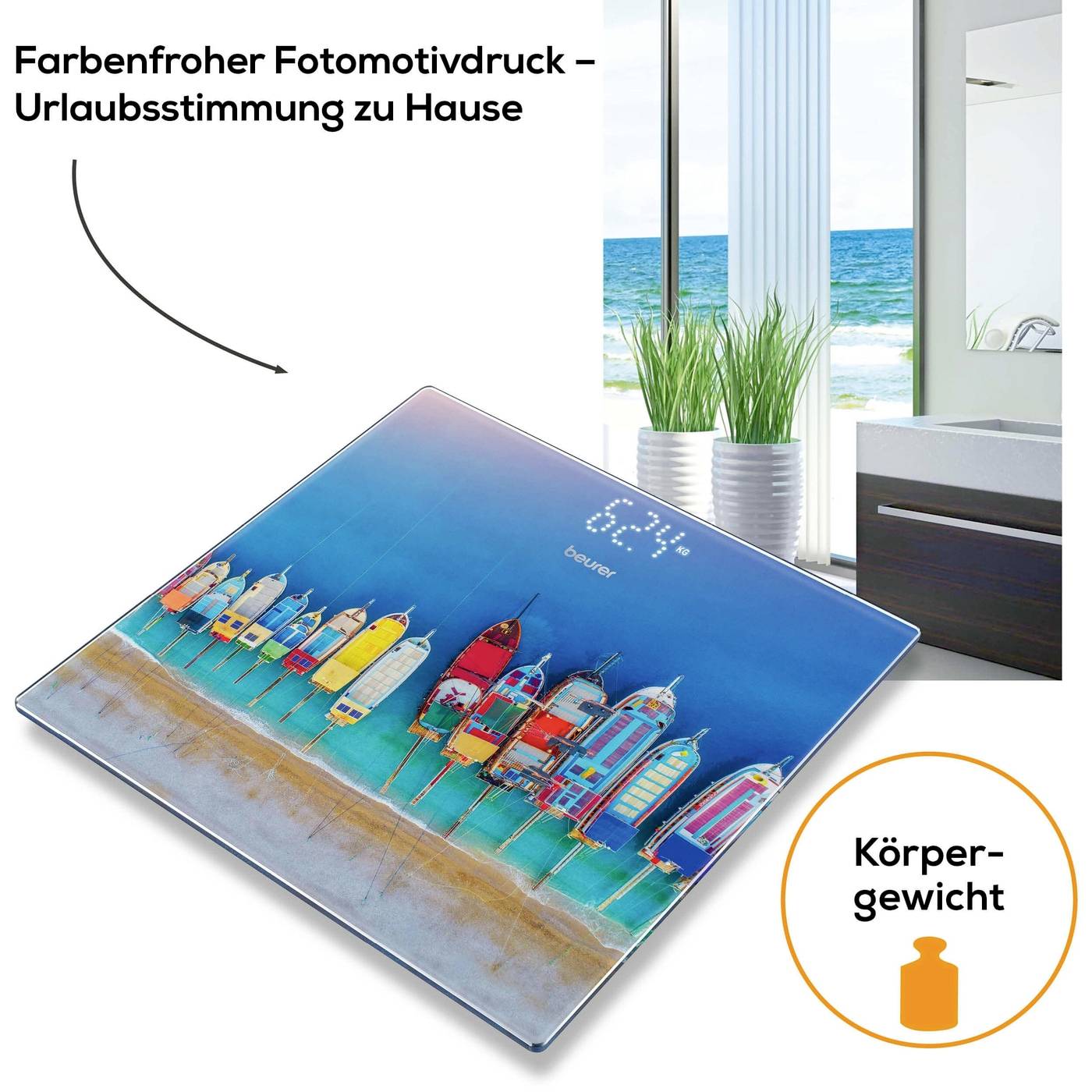 'Mehrfarbiger Fotodruck von Booten am Strand vermittelt Urlaubsstimmung. Text zeigt: 'Körpergewicht'. Hintergrund: Fenster mit Meeresblick.'