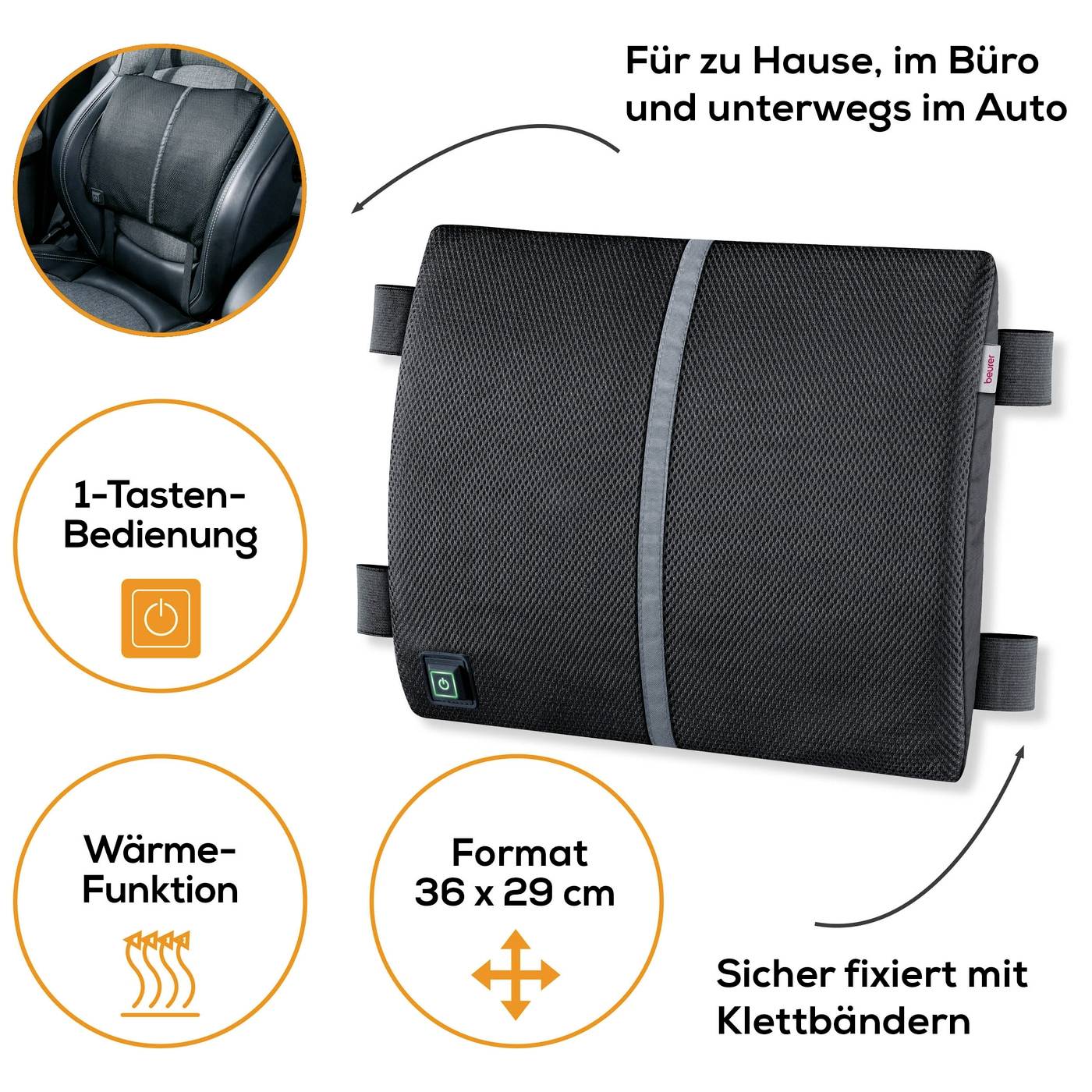 Schwarzes ergonomisches Lendenkissen mit Klettbändern, geeignet für Büro, Auto und Zuhause. Mit Wärmfunktion und Ein-Knopf-Bedienung. Maße: 36 x 29 cm.