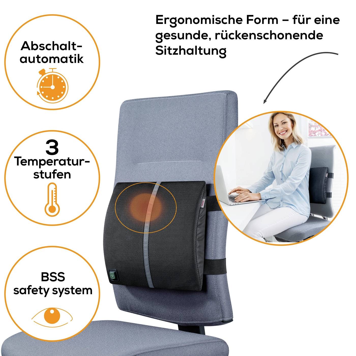 Ergonomisches Rückenstützkissen auf Bürostuhl, fördert eine rückenschonende Sitzhaltung. Funktionen: Abschaltautomatik, 3 Temperaturstufen, BSS-Sicherheitssystem. Frau benutzt das Kissen am Schreibtisch.