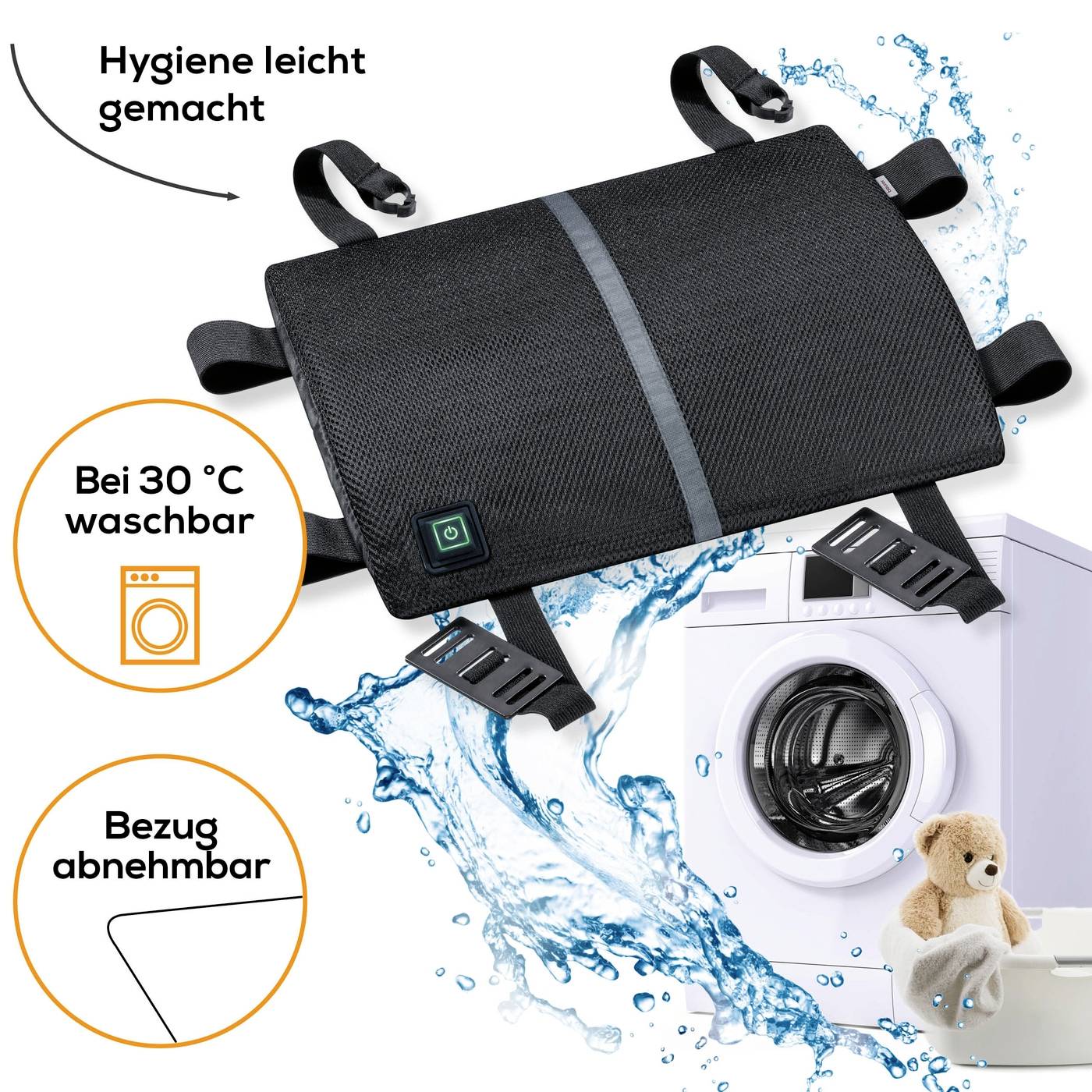 Kissen vor Waschmaschine mit Symbolen: 'Bei 30°C waschbar', 'Hygiene leicht gemacht', 'Bezug abnehmbar'. Symbolisiert einfache Reinigung.
