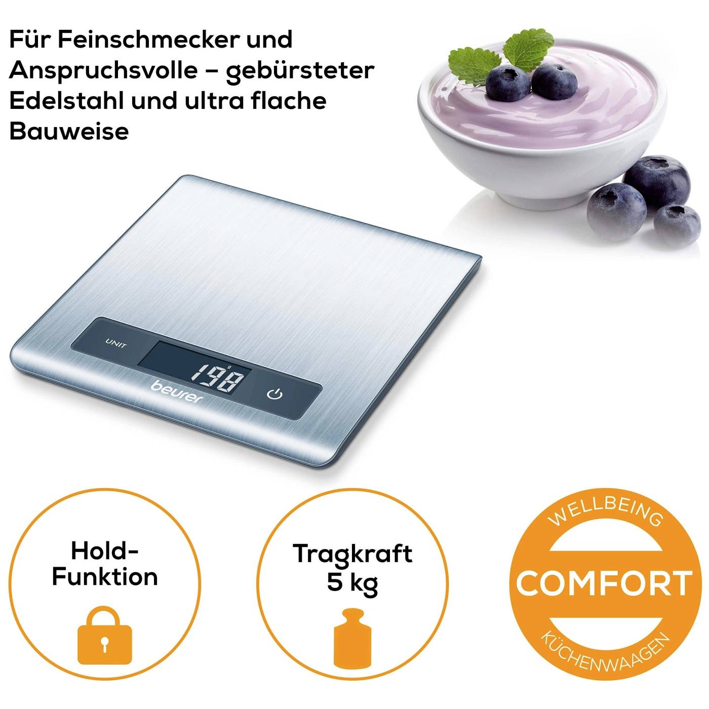'Edelstahl-Küchenwaage mit digitalem Display. Zeigt 198 g an. Daneben eine Schale mit Joghurt und Heidelbeeren.'