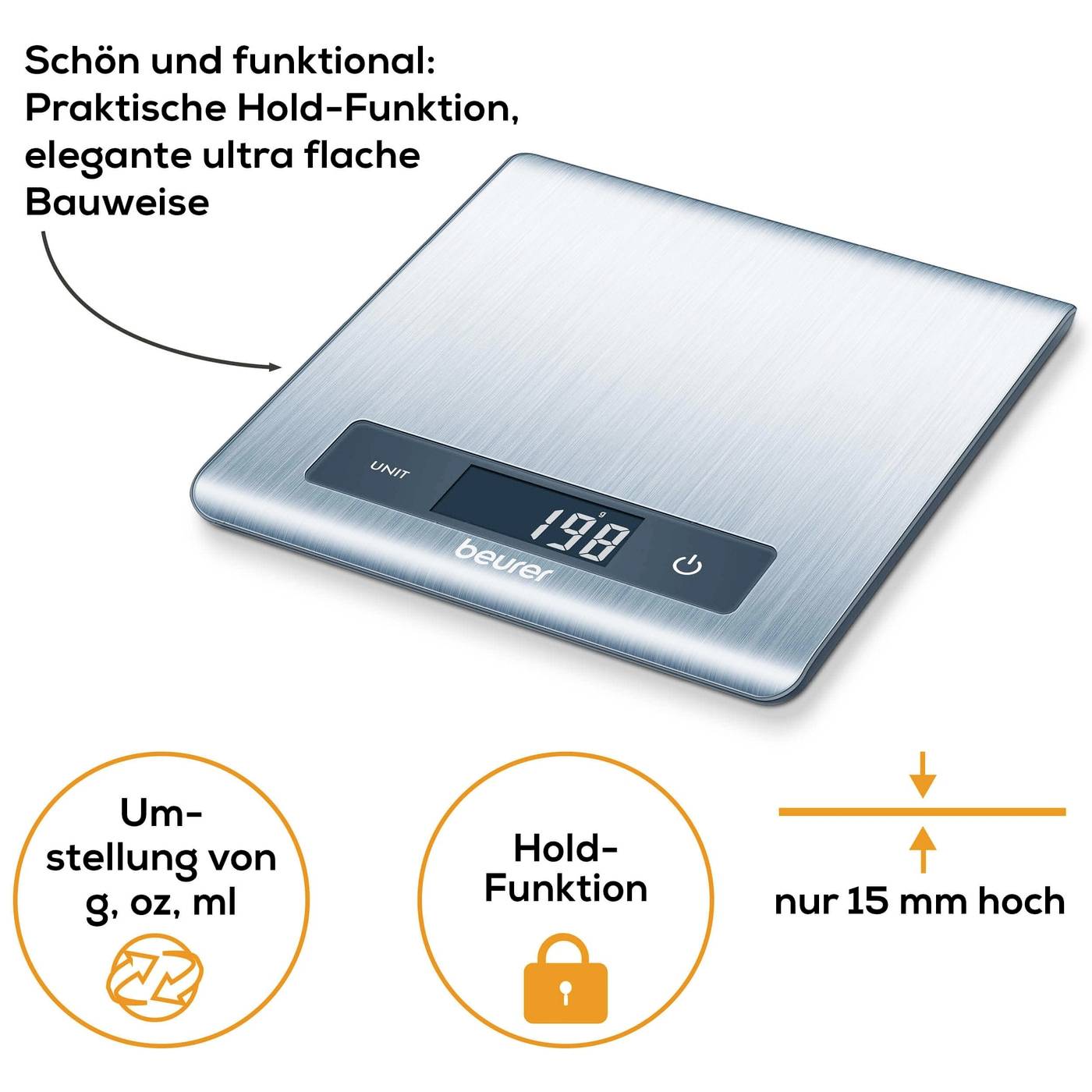 'Digitale Küchenwaage von Beurer mit flachem Design; Funktionen: Hold, Einheitenumstellung (g, oz, ml); Höhe 15 mm.'