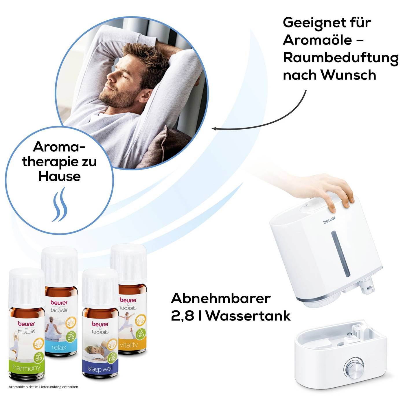 'Mann entspannt auf Sofa.' 'Aromatherapie zu Hause mit Ölen.' 'Geeignet für Aromaöle.' 'Abnehmbarer 2,8 l Wassertank.'