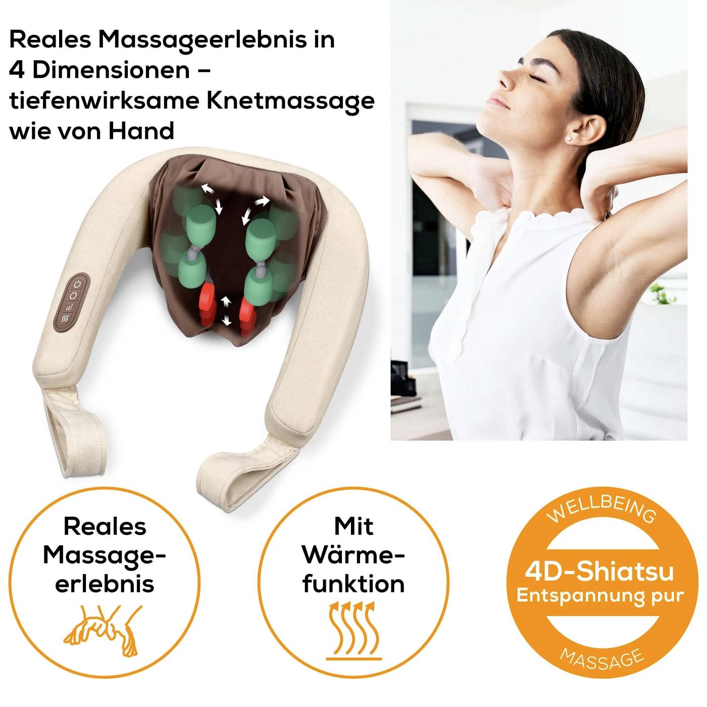 Frau genießt Massage mit Massagegerät im Nacken. Text: 'Reales Massageerlebnis', 'Mit Wärmfunktion', '4D-Shiatsu Massage'.