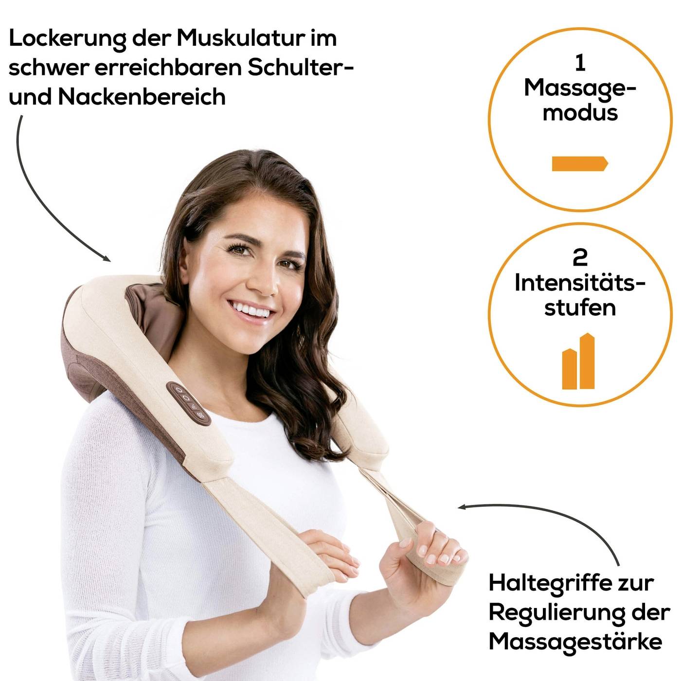 Frau nutzt ein Nacken- und Schultermassagegerät. Text: '1 Massage-Modus', '2 Intensitätsstufen'. Haltegriffe zur Massageeinstellung.