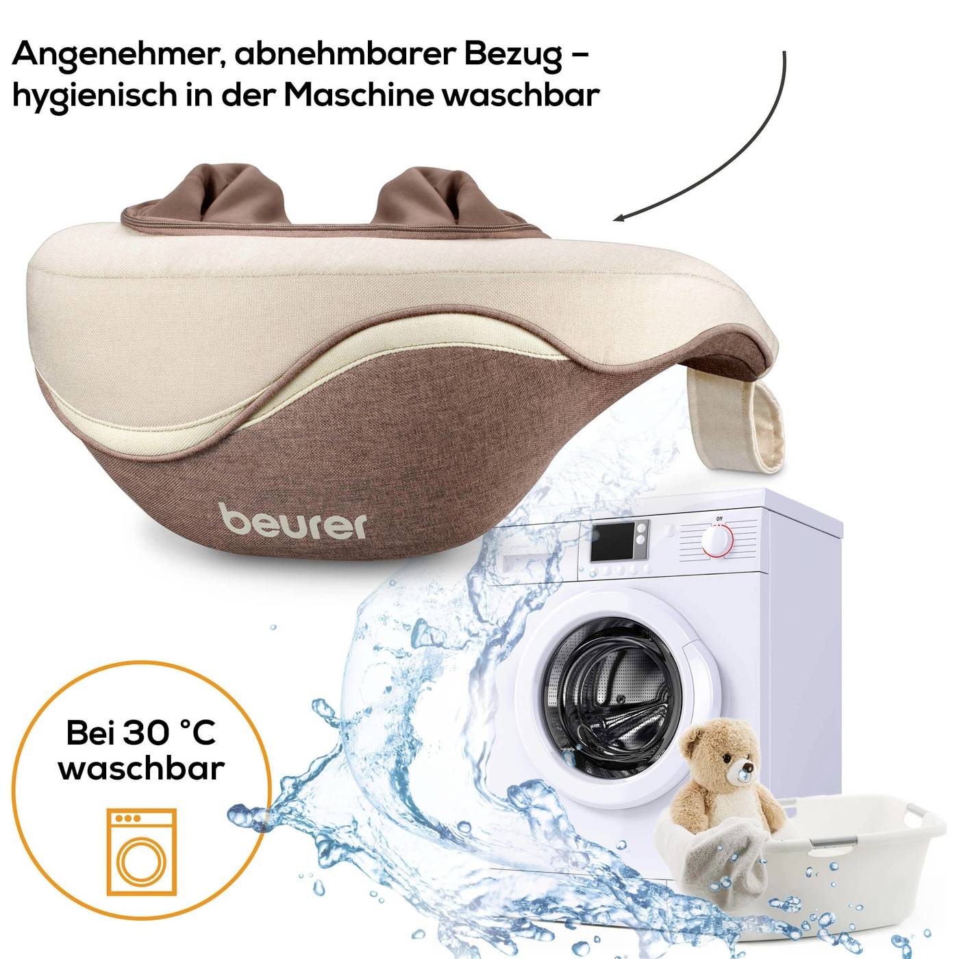 'Nackenmassagegerät mit abnehmbarem und maschinenwaschbarem Bezug. Geeignet für 30 °C Wäsche. Abgebildet mit Waschmaschine und Teddy.'