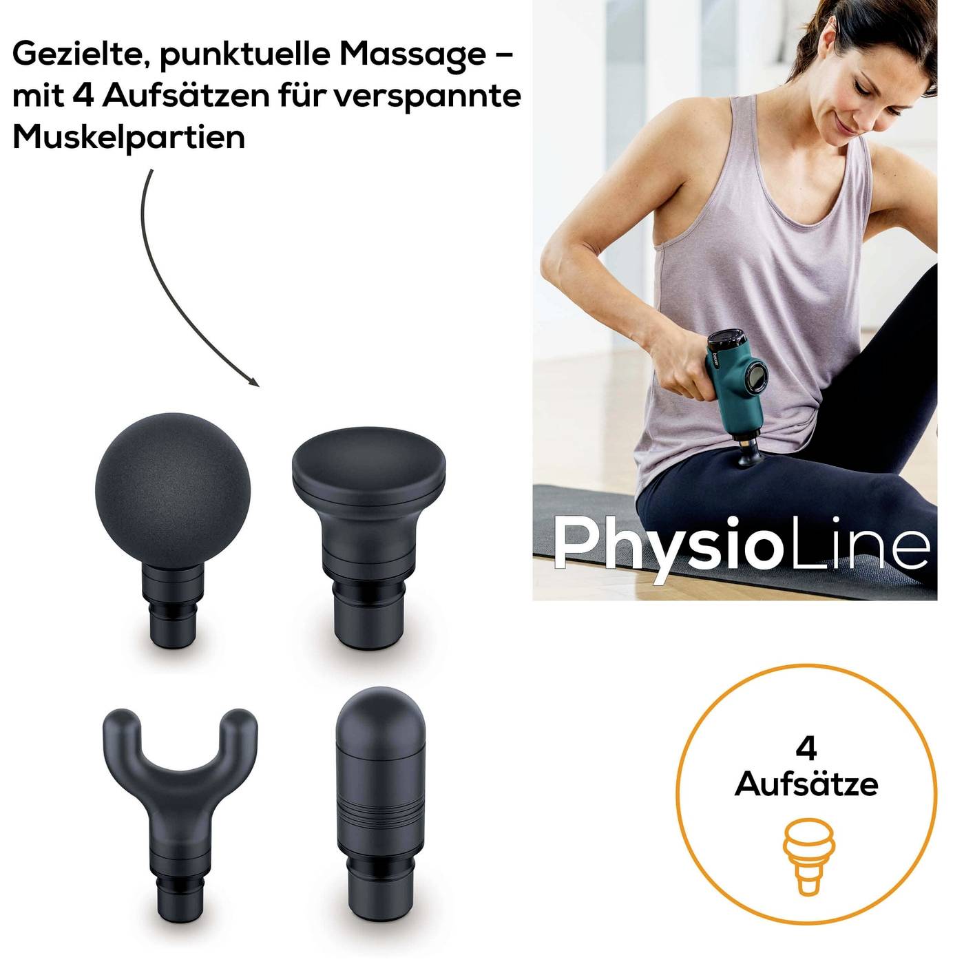 Pistolenmassagegerät mit vier verschiedenen Aufsätzen zur gezielten Massage verspannter Muskeln. Frau massiert Arm mit Gerät.