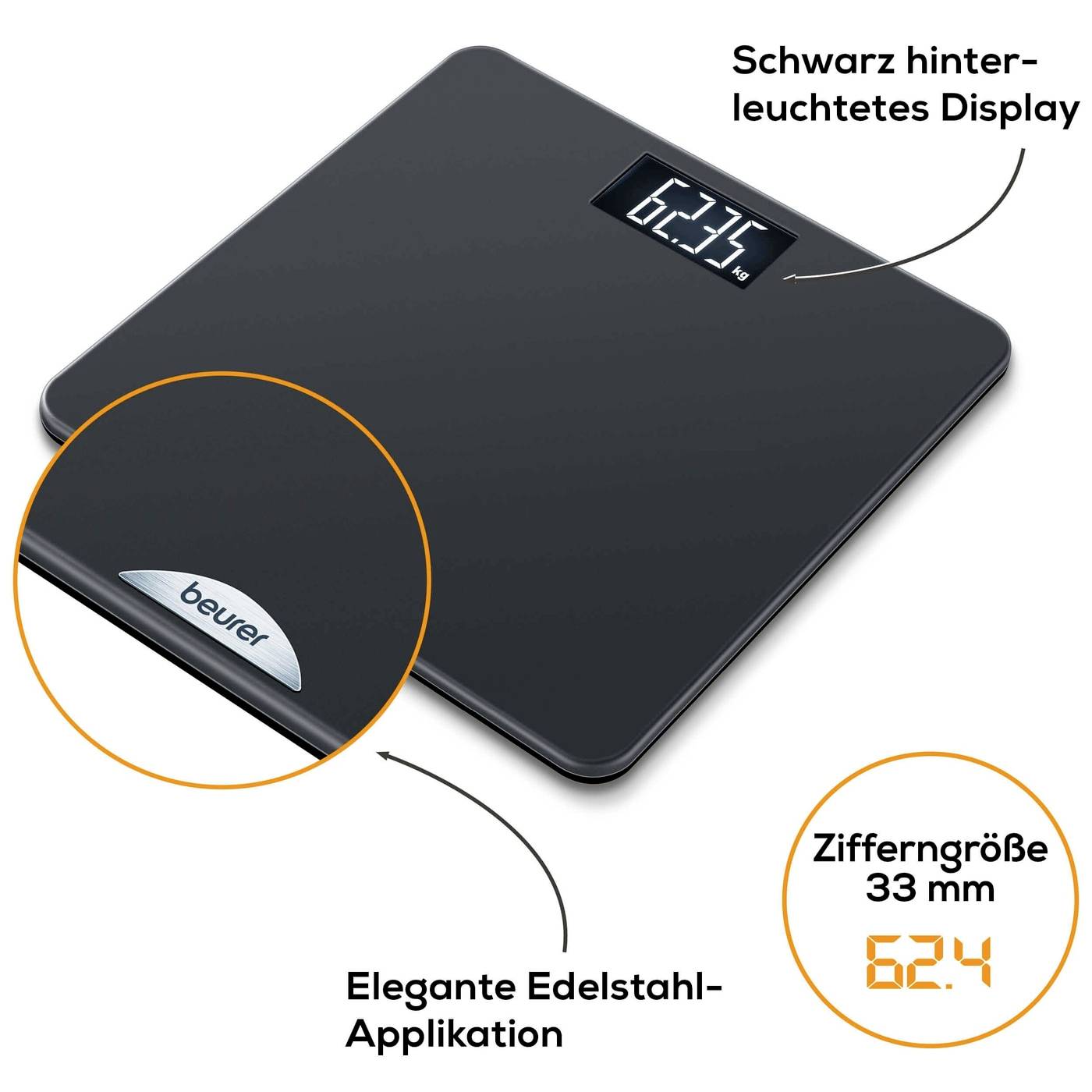 'Digitale Personenwaage in Schwarz mit hinterleuchtetem Display. Zeigt Gewicht von 62,4 kg an. Edelstahl-Applikation am Rand.'
