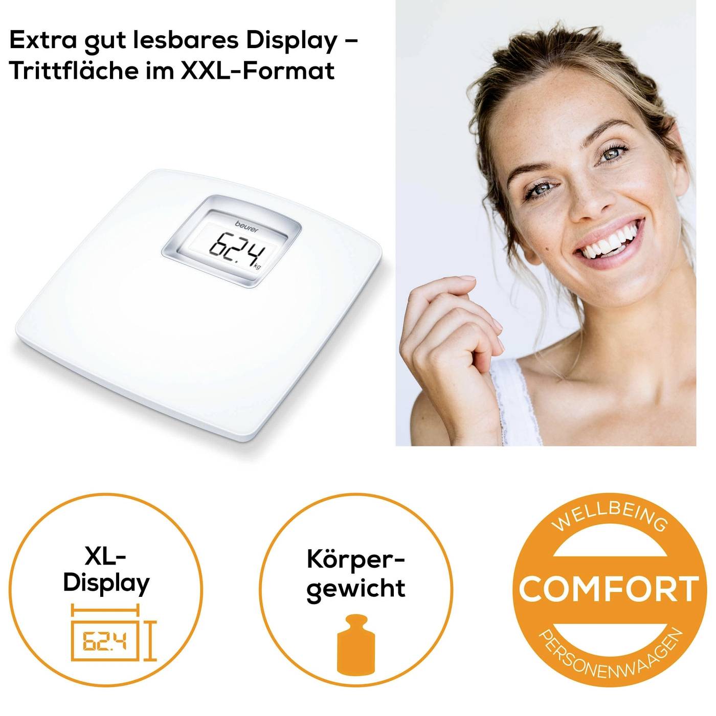 'Digitale Personenwaage mit XL-Display zeigt 62,4 kg.' Rechts daneben lächelnde Frau. Symbole für XL-Display und Körpergewicht darunter.