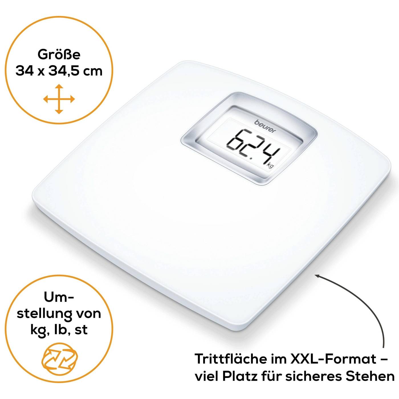 Digitale Personenwaage mit XXL-Trittfläche, Größe 34 x 34,5 cm. Gewichtsanzeige zeigt '62,4 kg'. Umschaltbar zwischen kg, lb, st.
