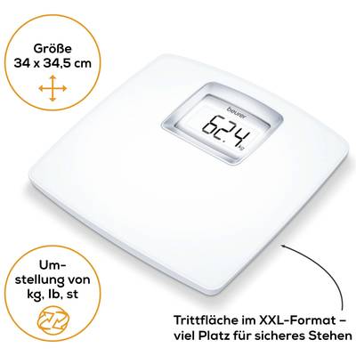 Digitale Personenwaage mit XXL-Trittfläche, Größe 34 x 34,5 cm. Gewichtsanzeige zeigt '62,4 kg'. Umschaltbar zwischen kg, lb, st.