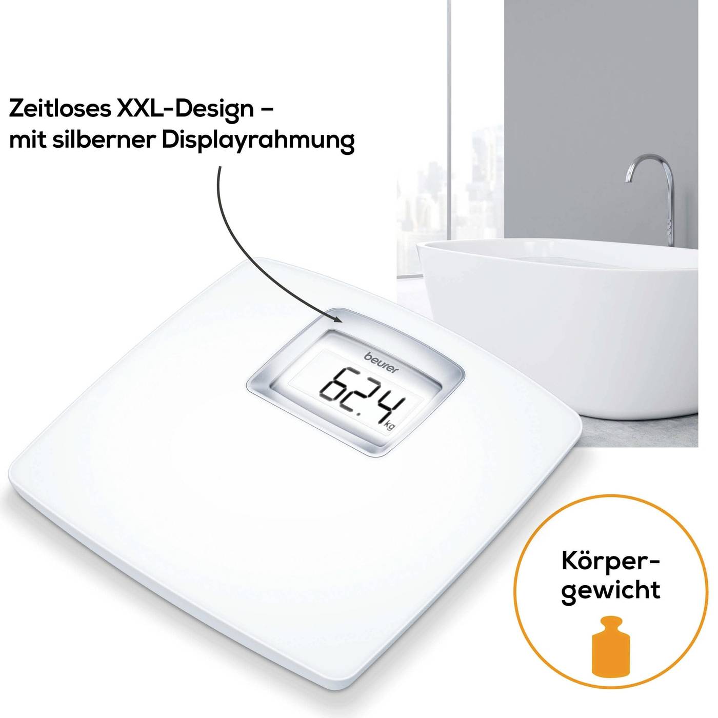 'Zeitloses XXL-Design mit silberner Displayrahmung' steht über einer digitalen Personenwaage mit einer Anzeige von 62,4 kg.