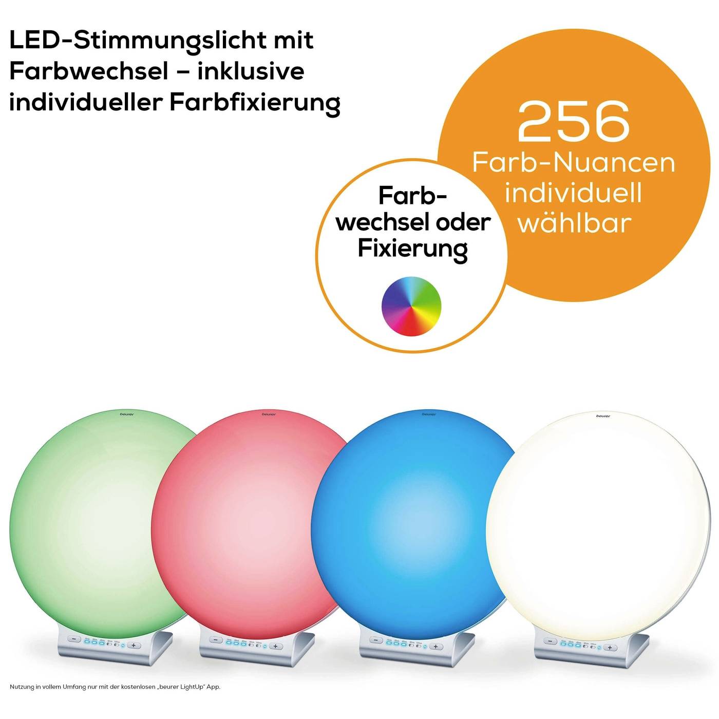 Vier LED-Lampen in verschiedenen Farben (grün, rosa, blau, weiß) zeigen die Möglichkeit, 256 Farbnuancen individuell zu wählen.