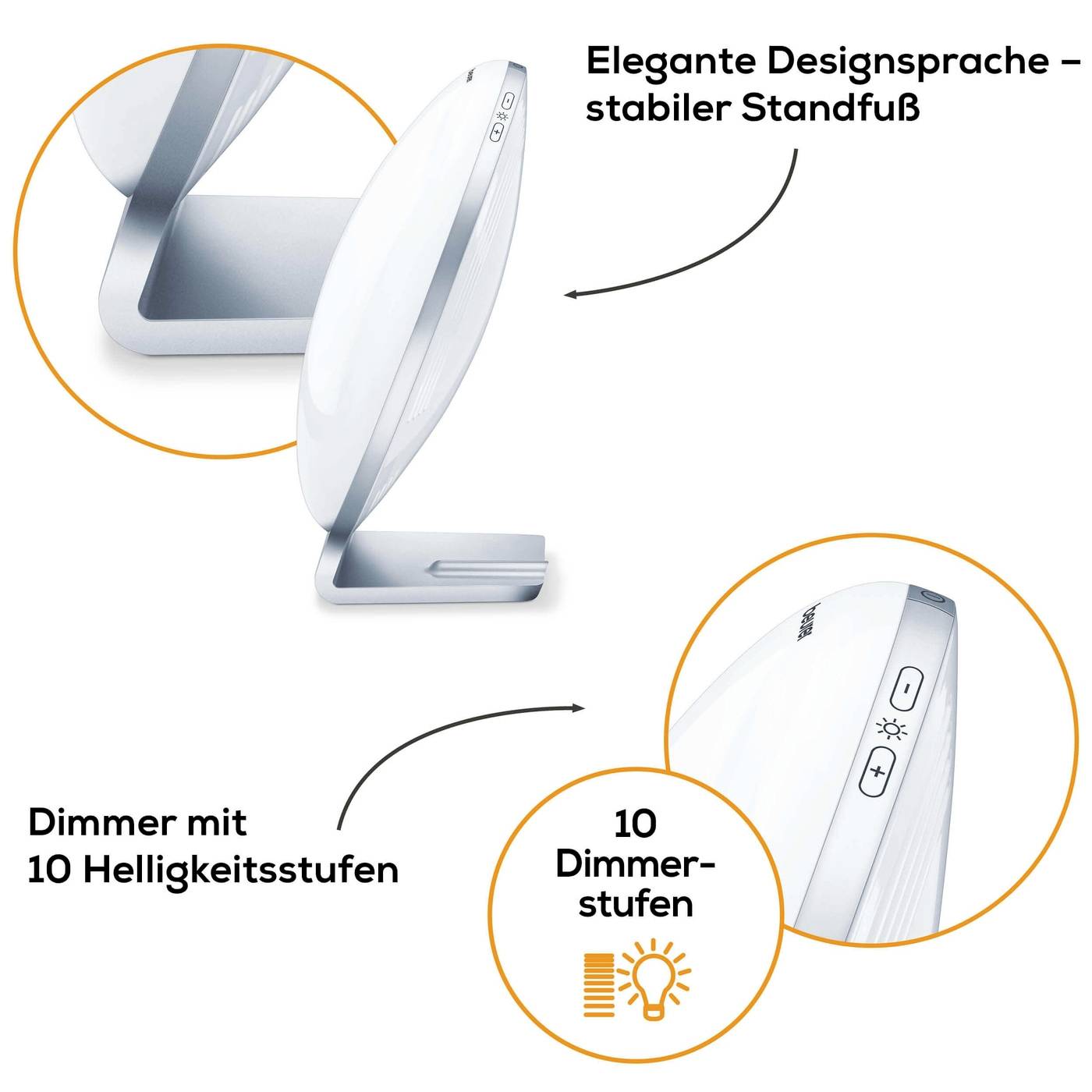 Eine moderne Lampe mit elegantem Design. Funktionen: Dimmer mit 10 Helligkeitsstufen, stabiler Standfuß für sicheren Halt.