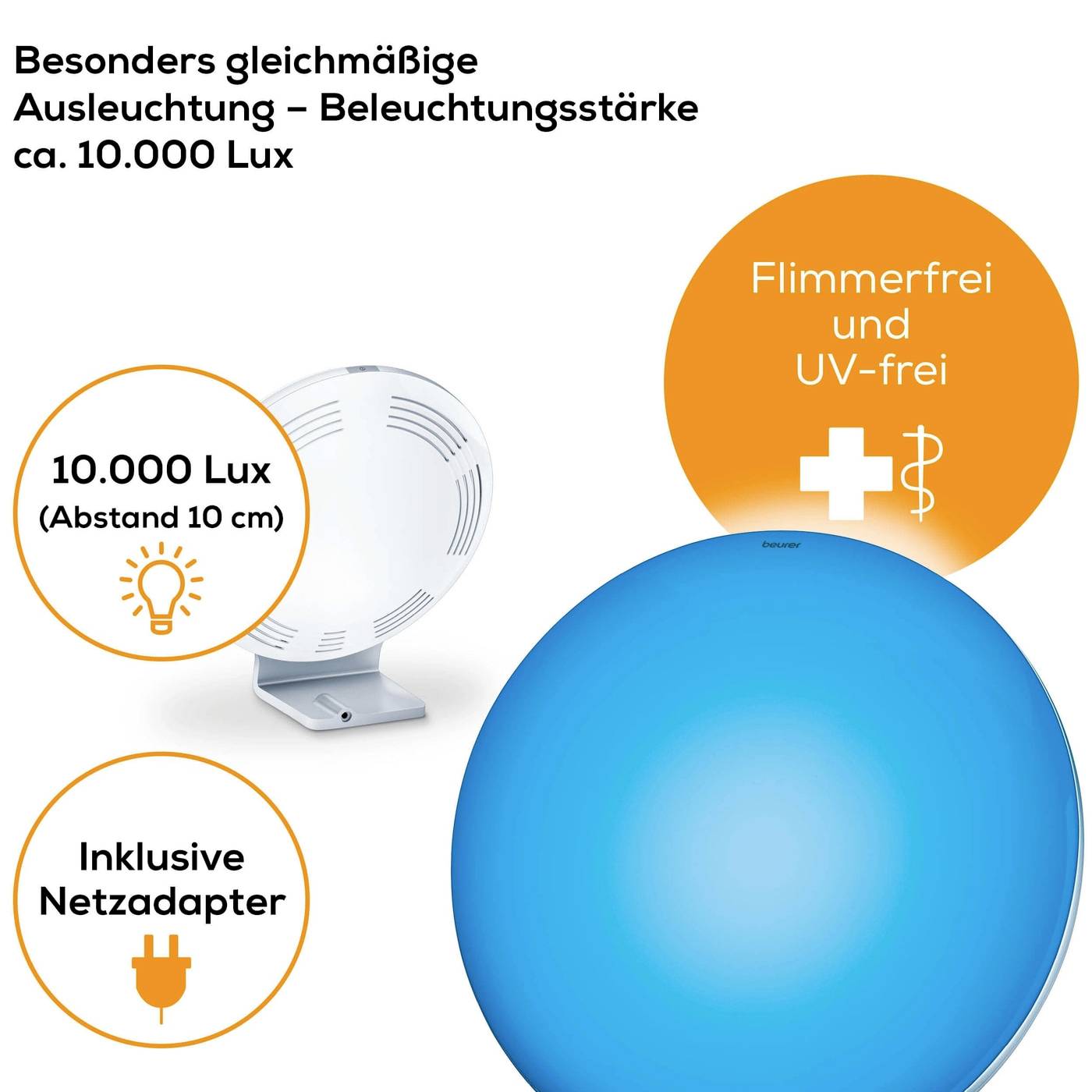 'Besonders gleichmäßige Ausleuchtung – Beleuchtungsstärke ca. 10.000 Lux. Flimmerfrei und UV-frei. Inklusive Netzadapter.'