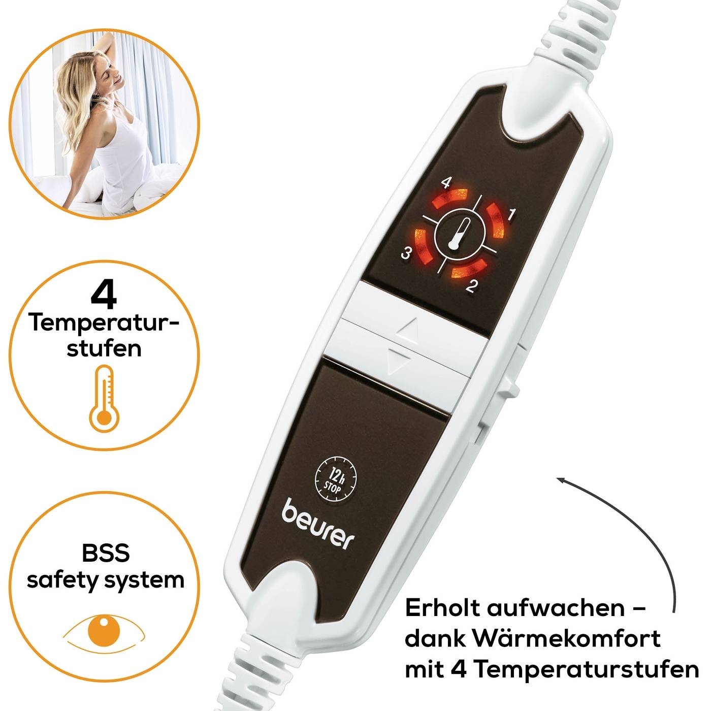 Eine braune und weiße Fernbedienung mit vier Temperaturstufen. Text: 'Erholt aufwachen – dank Wärmekomfort mit 4 Temperaturstufen'.