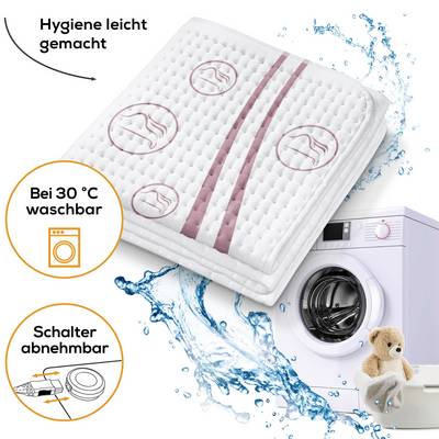 'Waschbare Hygiene-Matratzenauflage, bei 30 °C waschbar; Abnehmbarer Schalter; Abbildung zeigt Waschmaschine und Teddybär.'