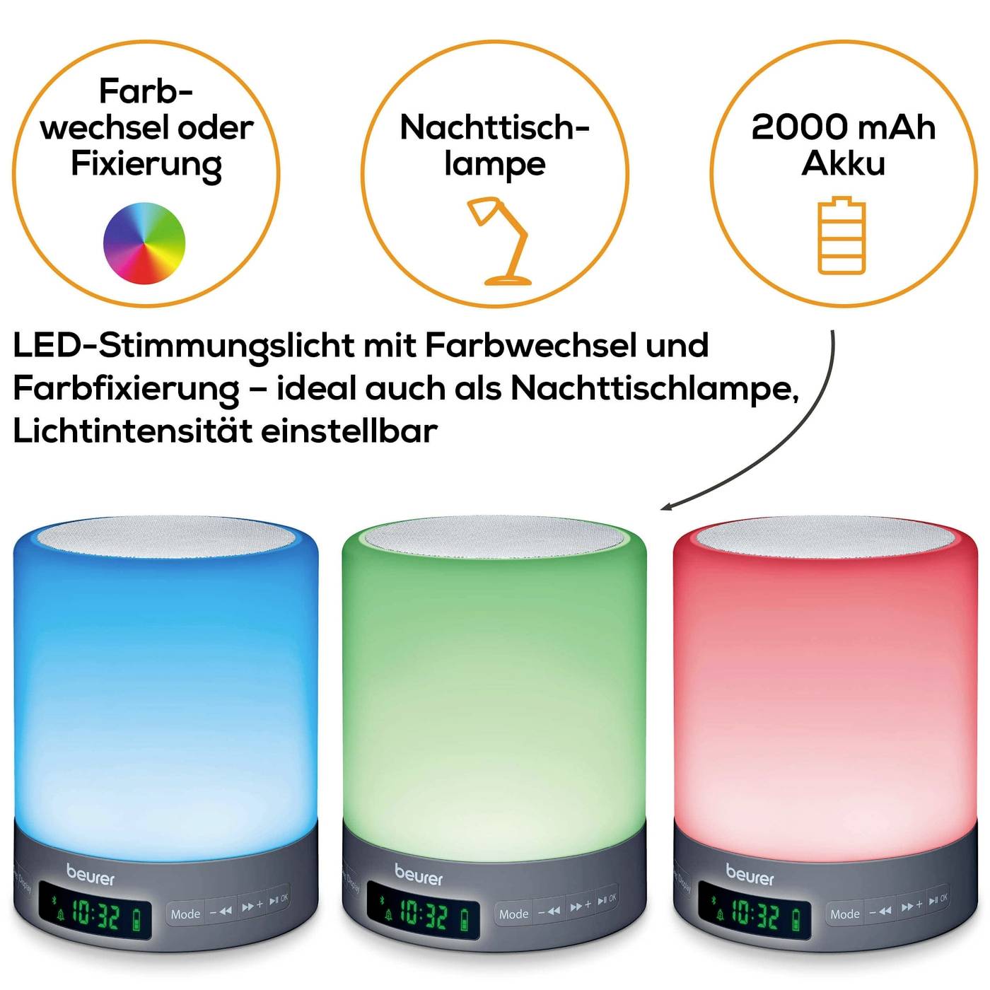 LED-Stimmungslicht mit Farbwechsel und Farbfixierung, ideal als Nachttischlampe. Lichtintensität einstellbar. Akku: 2000 mAh.