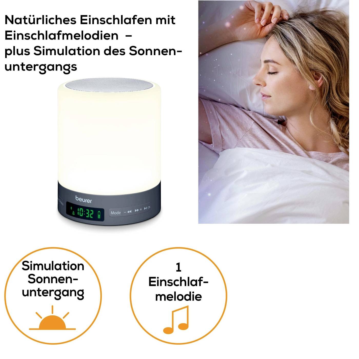 Frau schläft friedlich, während links ein Lichtwecker von Beurer mit Einschlafmelodie und Sonnenuntergangssimulation zu sehen ist.