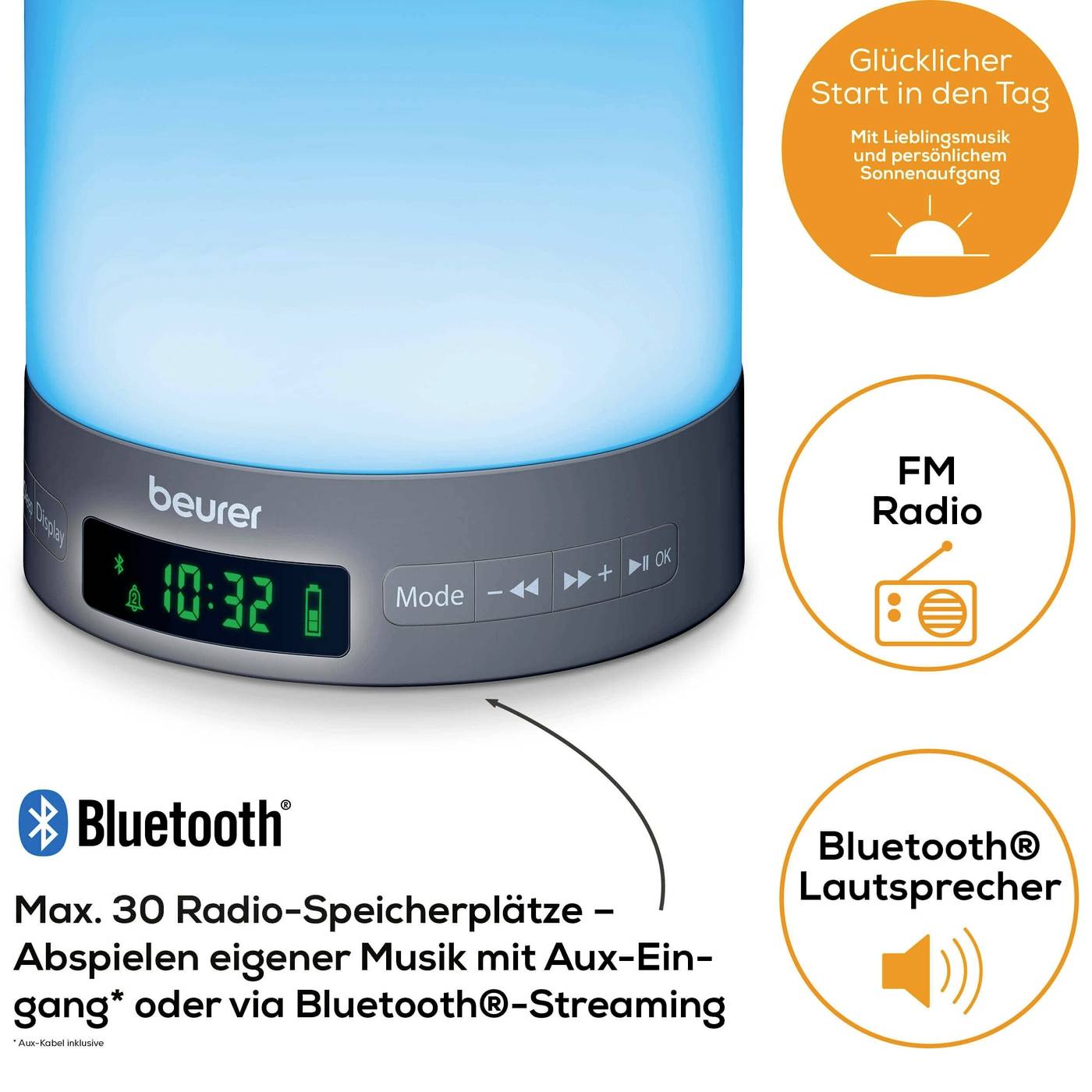 Eine von Beurer entworfene Wecklampe zeigt 'Glücklicher Start in den Tag'. Funktionen: Radio, Bluetooth, Lichtanzeige bei 10:32 Uhr.
