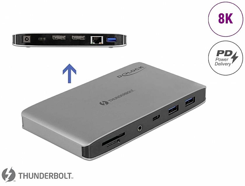 Eine graue Dockingstation mit mehreren Anschlüssen, unterstützt 8K-Auflösung und Power Delivery. Thunderbolt-Logo unten links.