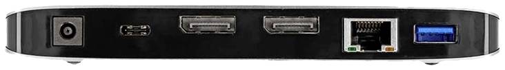 Rückseite eines Multimedia-Geräts mit Anschlüssen: Strom, zwei HDMI, Ethernet, und USB.