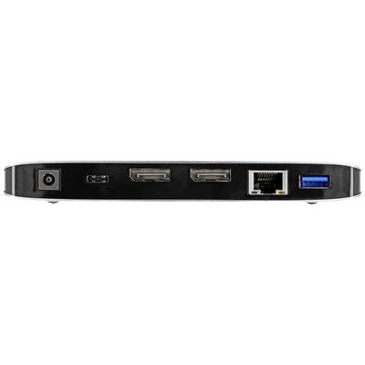 Rückseite eines schwarzen elektronischen Geräts mit verschiedenen Anschlüssen: Strom, zwei HDMI, Ethernet, und ein USB-Port.
