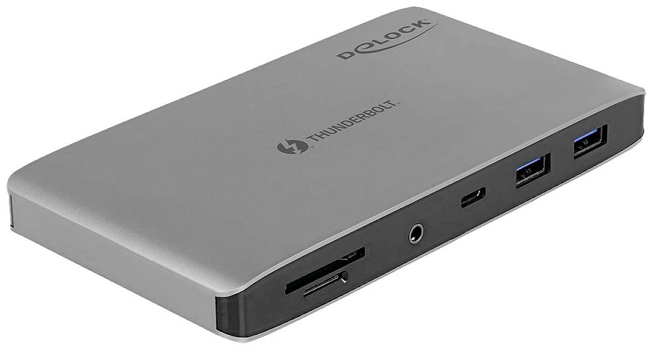 'Delock Thunderbolt Dockingstation, silber, mit mehreren Anschlüssen: Thunderbolt, USB, Kartenleser. Design: schlank und modern.'