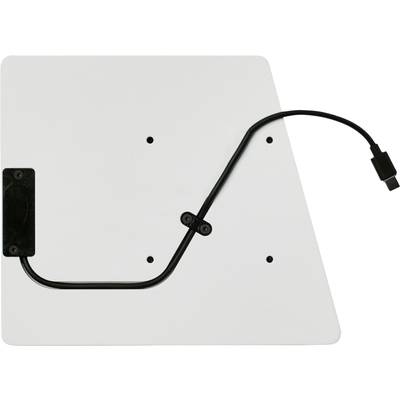 Kabelhalterung an rechteckiger Platte mit abgerundeter Ecke, schwarze Befestigungen und ein USB-Anschluss, auf weißem Hintergrund.