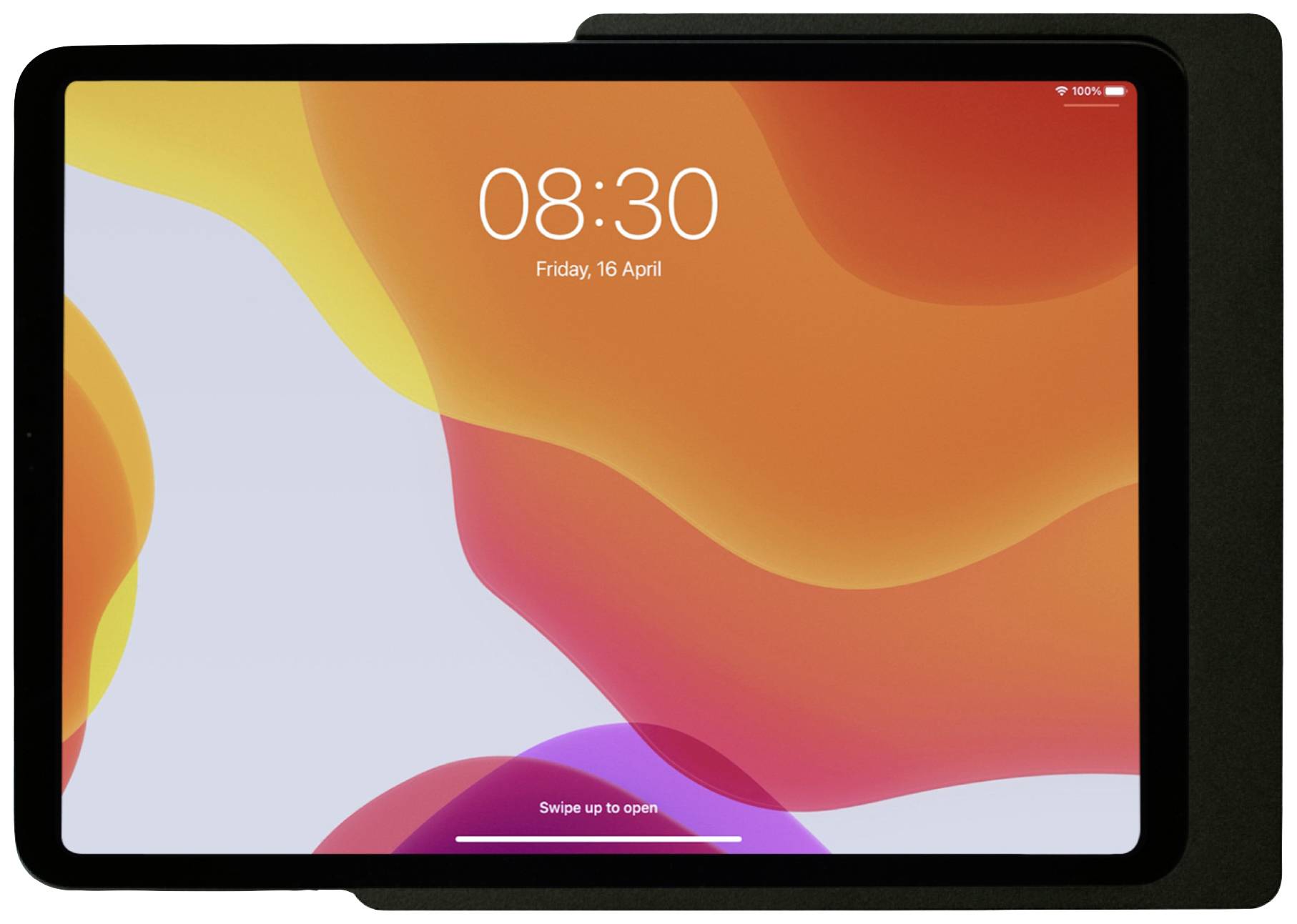 Tablet mit farbenfrohem Display, zeigt Uhrzeit '08:30' und Datum 'Freitag, 16. April'. Hintergrund in Rot- und Orangetönen.