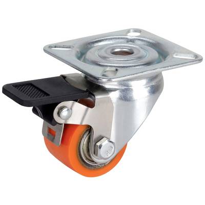 Metallrolle mit orangefarbenem Laufrad und schwarzer Bremse, montiert auf einer rechteckigen Metallplatte zur Befestigung.