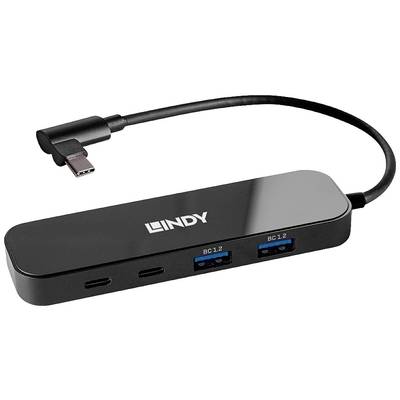 Ein schwarzer USB-C-Hub mit vier Anschlüssen, darunter zwei USB 3.0-, ein HDMI- und ein USB-C-Anschluss.
