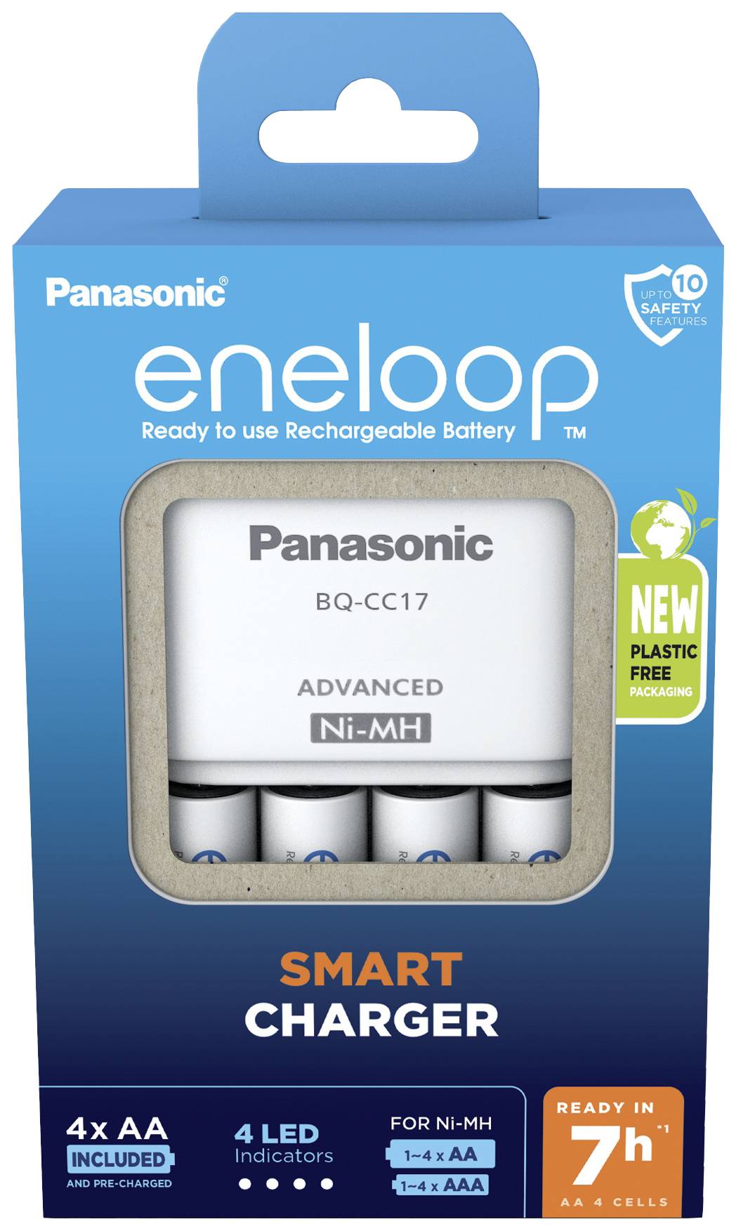 Verpackung eines 'Panasonic eneloop' Smart Chargers für Ni-MH-Akkus, enthält vier AA-Akkus, 4 LED-Anzeigen, 7 Stunden Ladezeit.