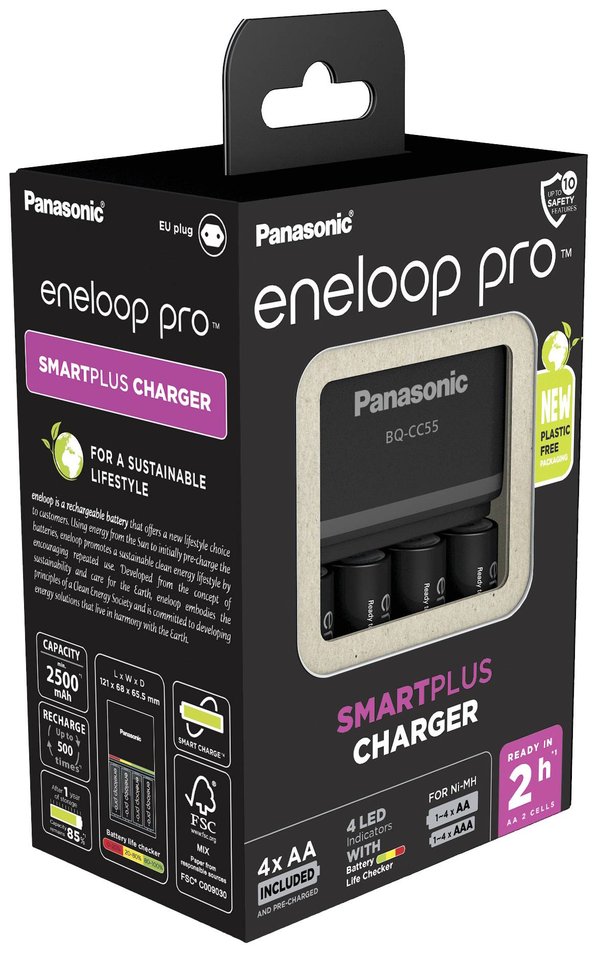 'Panasonic eneloop pro Smartplus Charger' Verpackung mit Ladegerät und 4 AA-Batterien. Angaben zur Leistung, Umweltfreundlichkeit und Ladezeit.