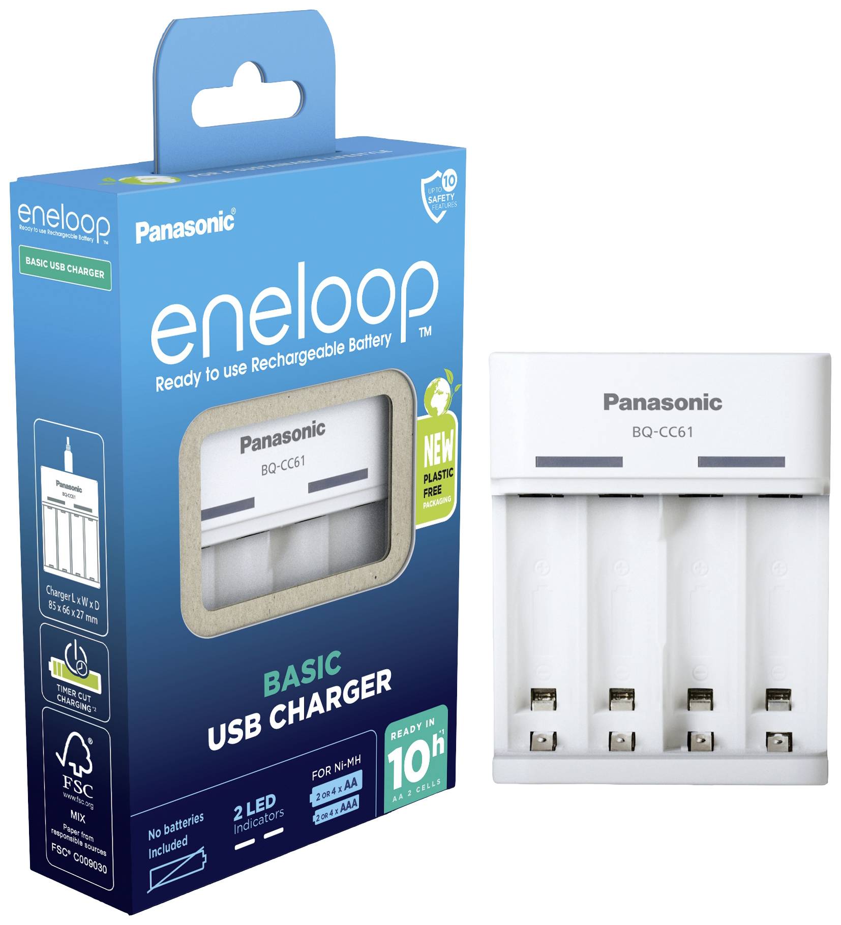 Verpackung des Panasonic eneloop USB-Ladegeräts BQ-CC61. Zeigt das Ladegerät und die Aufschrift 'BASIC USB CHARGER' für wiederaufladbare Batterien.