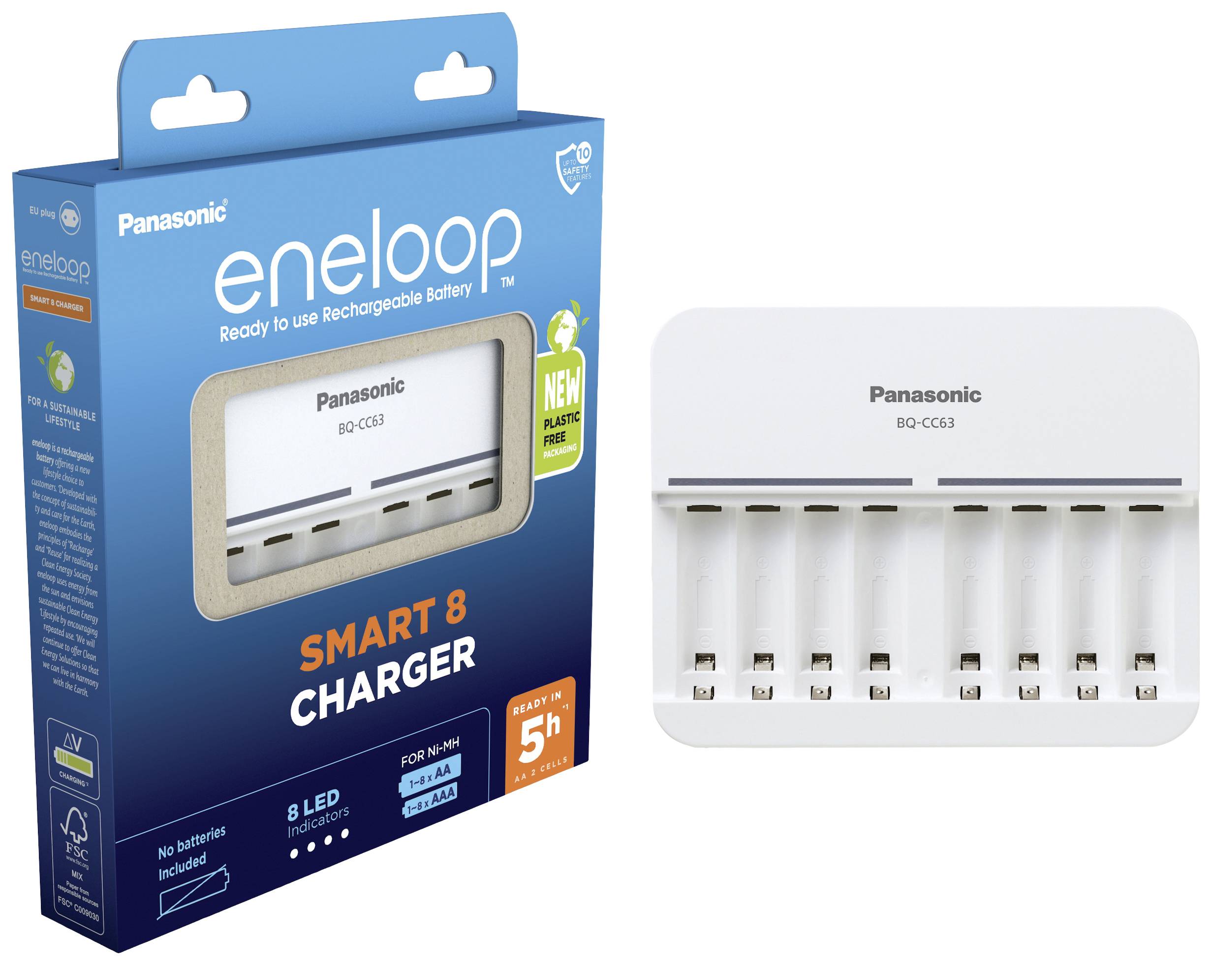Ladegerät für wiederaufladbare Batterien von Panasonic. Box zeigt "Smart 8 Charger", passend für AA und AAA Batterien.