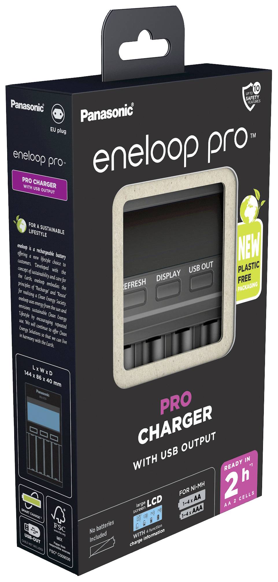'Panasonic eneloop pro Ladegerät' Verpackung mit USB-Ausgang und LCD-Display. Aufdrucke: 'Für Ni-MH’ und ‘Bereit in 2 Stunden'.