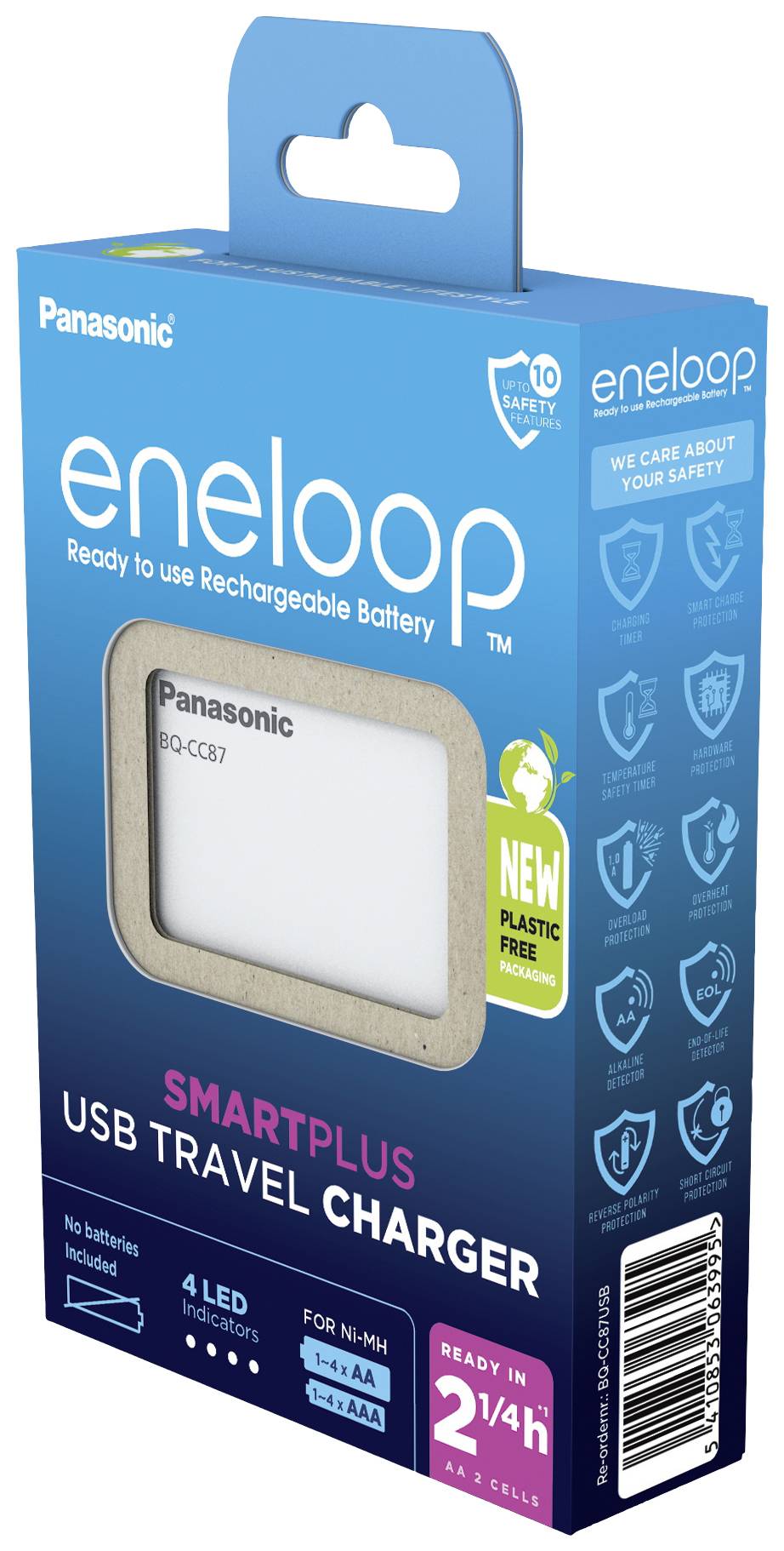 'Panasonic eneloop SmartPlus USB Travel Charger' mit 4 AA wiederaufladbaren Batterien, plastikfreie Verpackung, blaues Design.