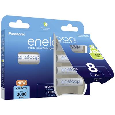 Verpackung von Panasonic eneloop AA-Akkus. Enthält 8 wiederaufladbare Batterien mit einer Kapazität von 2000 mAh.