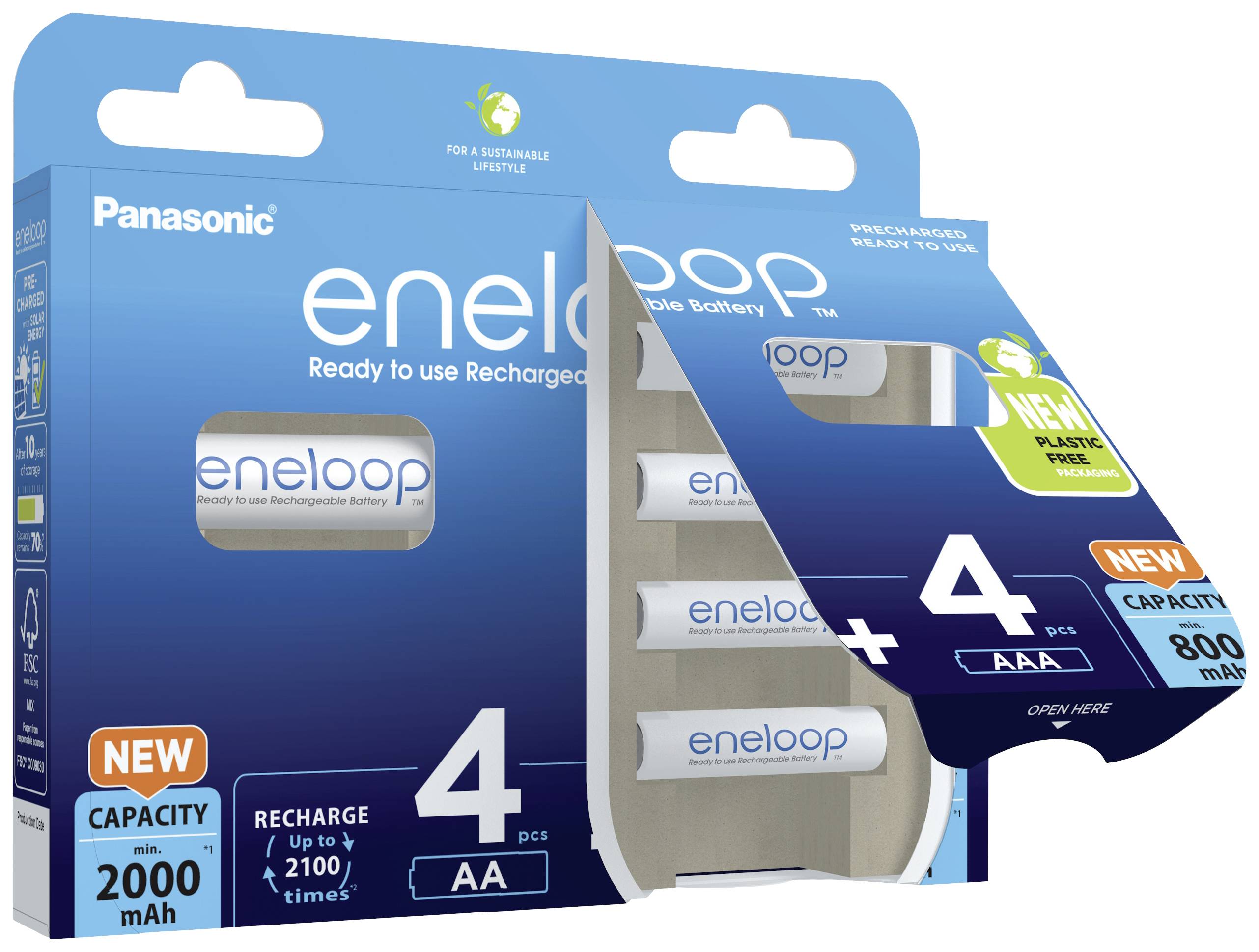 'Panasonic eneloop' wiederaufladbare Batterien, 4er-Packung AA, Kapazität 2000 mAh, bis zu 2100 Mal aufladbar.